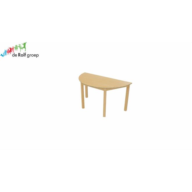 Tafel halfrond 140 × 70, 53 cm hoog, beuken blad, onderstel beuken