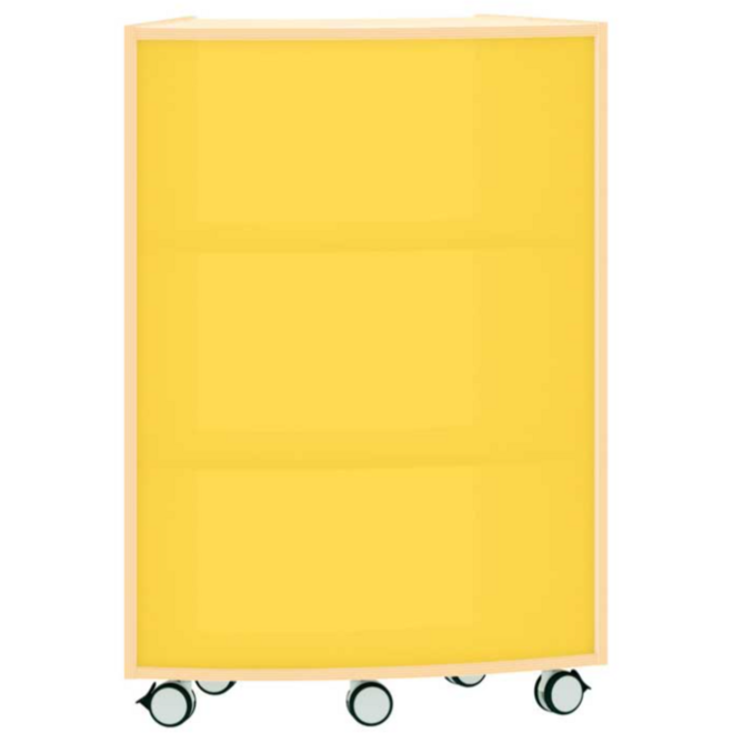 Boogkast op 5 wielen, acryl achterwand geel aan buitenkant 45°, ahorn