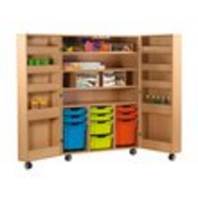 Klapkast Uni ahorn verrijdbaar, deuren whitebord, 105 x 68 x 146 cm