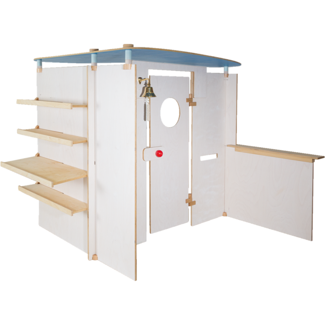 Speelwand Klax met deur, balie en legplanken, zonder dak, wit gebeitst, (inclusief montage)