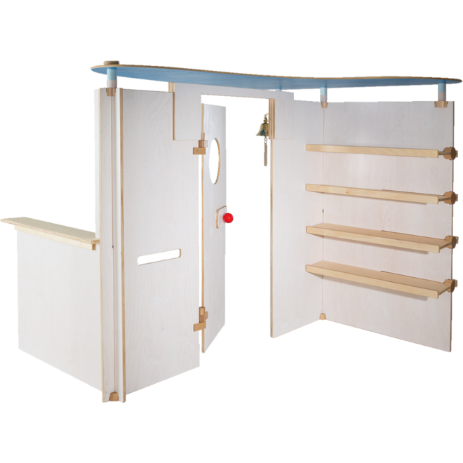 Speelwand Klax met deur, balie en legplanken, zonder dak, wit gebeitst, (inclusief montage)