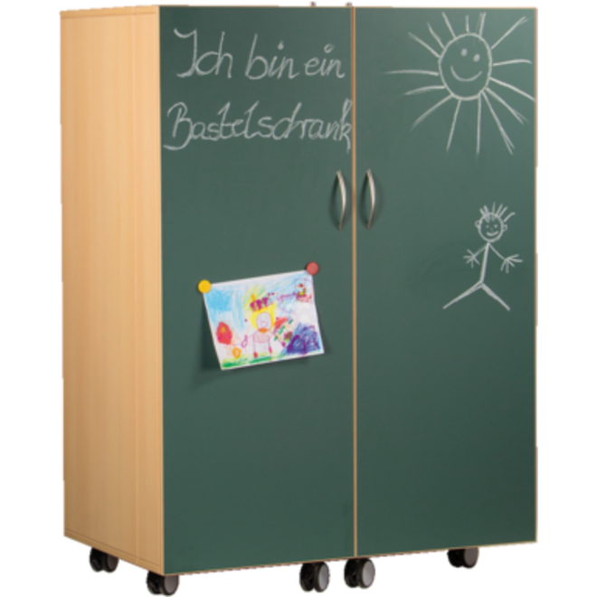 Klapkast Crea ahorn verrijdbaar, deuren krijtbord, 105 x 65 x 146 cm