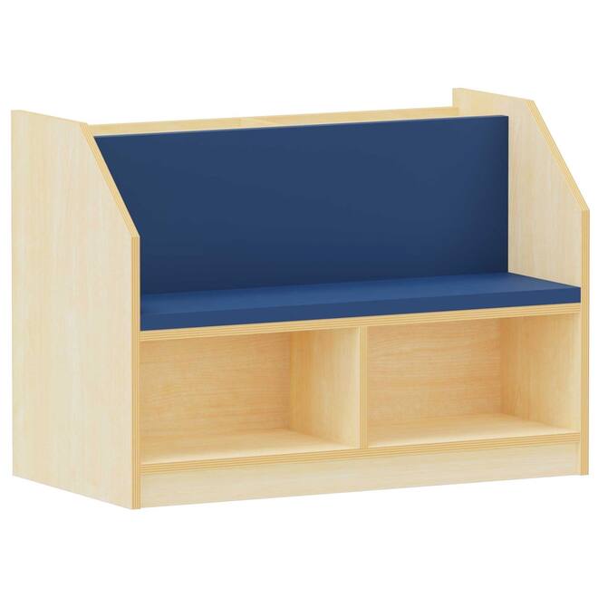 Boekenkast-en-bankje-in-één Ahorn, zithoogte 34 cm, kussens blauw