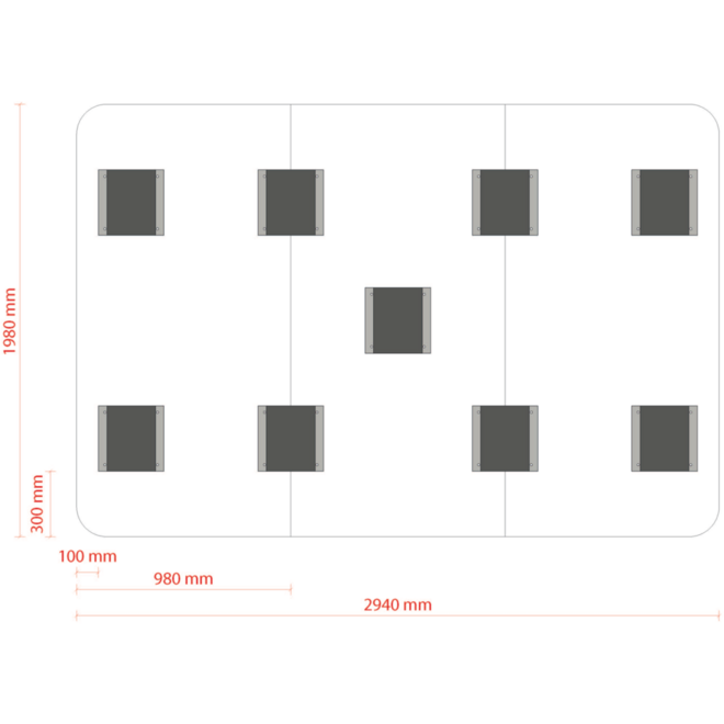 Whiteboard VisuWall met zwarte rand en afgeronde hoeken,  294 × 198 cm