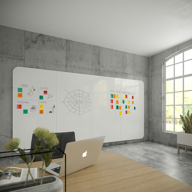 Whiteboard VisuWall met zwarte rand en afgeronde hoeken,  490 × 198 cm
