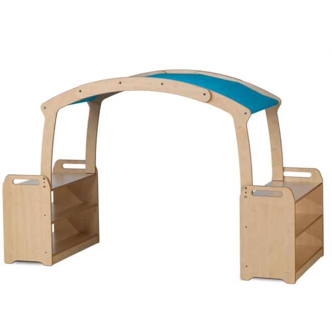Speelplek met dak blauw en 2 opbergkasten, afm. 140x225×90cm PT578