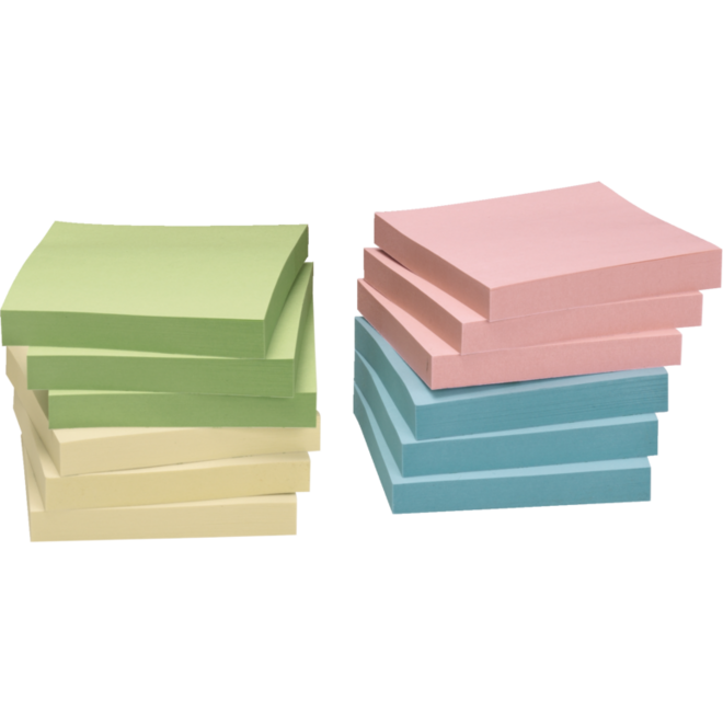 Memoblaadjes 75 × 75 mm assorti recycled, 12 blok a 100 vel