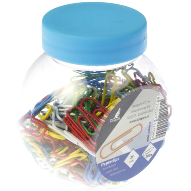 Paperclip gekleurd 25 mm in schroefdop box, 200 stuks