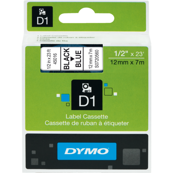 Lettertape Dymo 12 mm D1 blauw/zwart