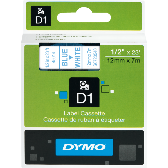 Lettertape Dymo 12 mm D1 wit/blauw