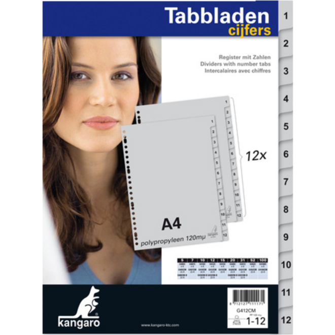 Tabbladen Kangaro A4 cijfers PP 120mµ grijs 23-rings 12-delig