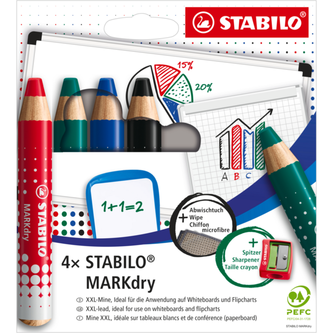 Whiteboardpotlood STABILO MARKdry assorti 4 stuks, incl. slijper en wisdoek