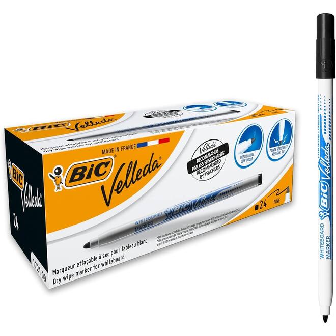 Whiteboardmarkers BIC 1721 zwart, 144 stuks + 24 wisborden Combi-Deal