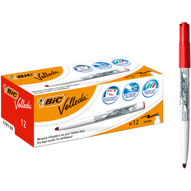 Whiteboardstiften BIC Velleda 1741 rood, 12 stuks