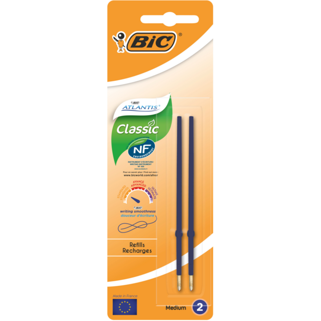 Navulling BIC Atlantis Classic medium punt 1 mm blauw, 2 stuks