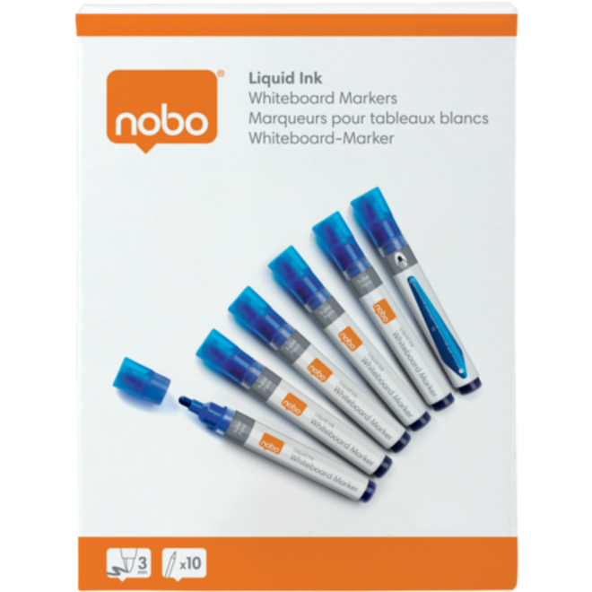 Whiteboardstiften Nobo Liquid Ink ronde punt 3 mm blauw, 10 stuks