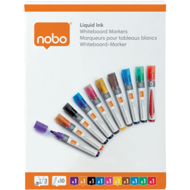 Whiteboardstiften Nobo Liquid Ink ronde punt 3 mm assorti, 10 stuks
