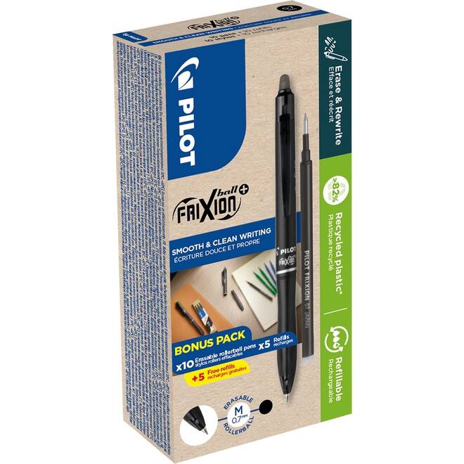 Rollerpen Pilot Frixion Ball plus medium zwart, 10 stuks incl. 10 navulling