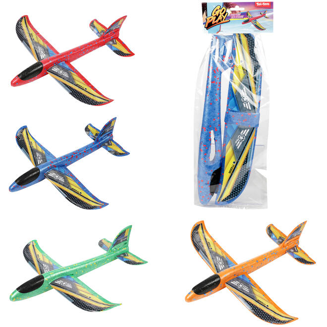Foam vliegtuig 36 cm met stickers assorti