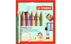Waskrijt aquarel STABILO Woody pastel 3-in-1 assorti met slijper, 6 stuks