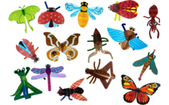 Insecten gestanst, in diverse uitvoeringen, 64 stuks