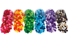 Pompons 2 cm 6 kleuren assorti, 1500 stuks