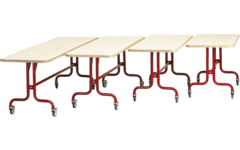 Tafel 150 x 80 cm, rood onderstel  blad met berkenstructuur hoogte 71 cm