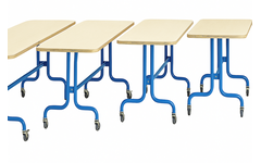 Tafel 180 x 80 cm, blauw onderstel blad met berkenstructuur hoogte 71 cm