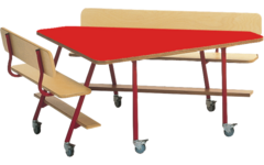 Tafel 132 x 80 cm met 2 banken, rood onderstel en gekleurd blad hoogte 71 cm