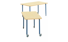 Tafel 132 x 66cm, blauw onderstel blad met berkenstructuur