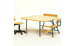 Peuterinstructietafel met 2 banken, blauw onderstel en berkenstructuur blad