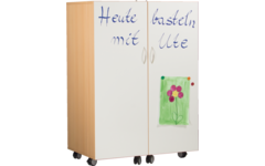 Klapkast Uni ahorn verrijdbaar, deuren whitebord, 105 x 68 x 146 cm