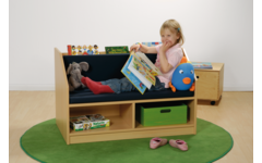 Boekenkast-en-bankje-in-één Beuken, zithoogte 34 cm, kussens blauw