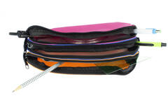 Schooletui 3-vaks oranje/ blauw/fuchsia ca 25 x 9 x 11 cm